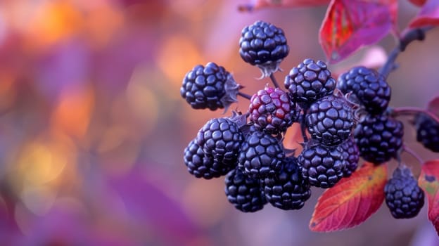 A close up of a bunch of blackberries on the branch