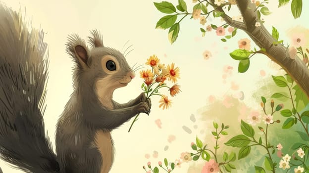 A squirrel holding a bouquet of flowers in its mouth