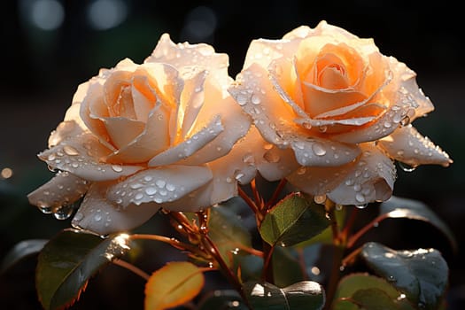 Two lush roses with drops of dew on the petals in the warm rays of the sun close-up.