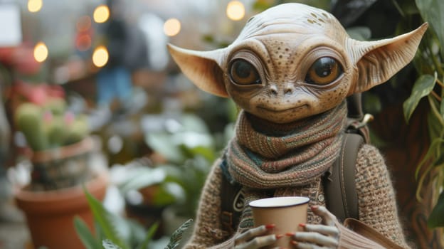 A small baby yoda doll holding a cup of coffee