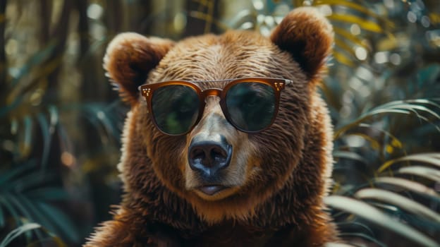 A brown bear wearing sunglasses and standing in a jungle