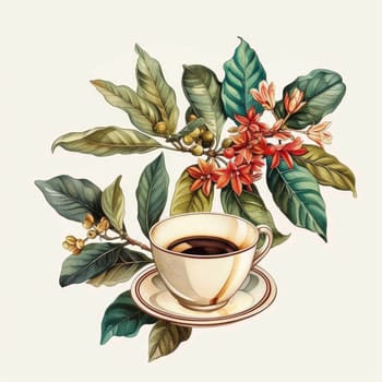 A cup of coffee with a leaf and flowers on it