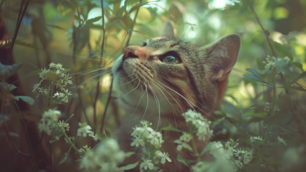 A cat looking up through the leaves of a plant