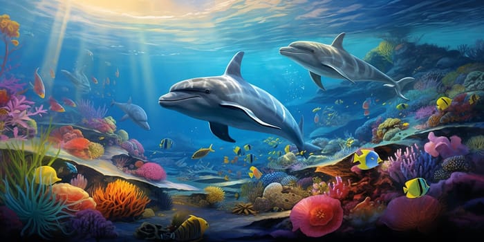Two playful dolphins swimming gracefully amidst the colorful coral reefs in the crystal-clear ocean waters. Generative AI