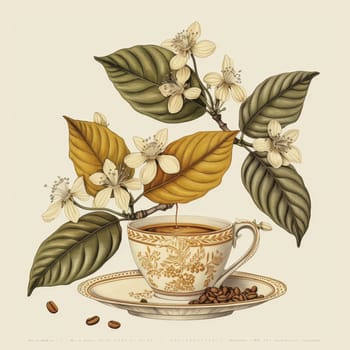 A painting of a cup with coffee and flowers on it
