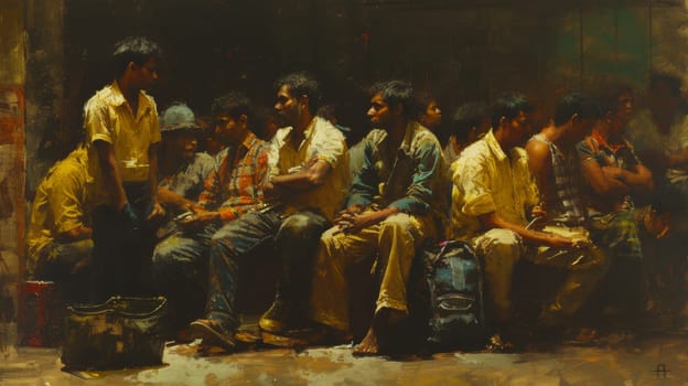 A painting of a group of men sitting on the ground