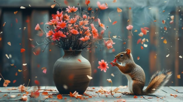 A squirrel sitting on a table next to vase of flowers