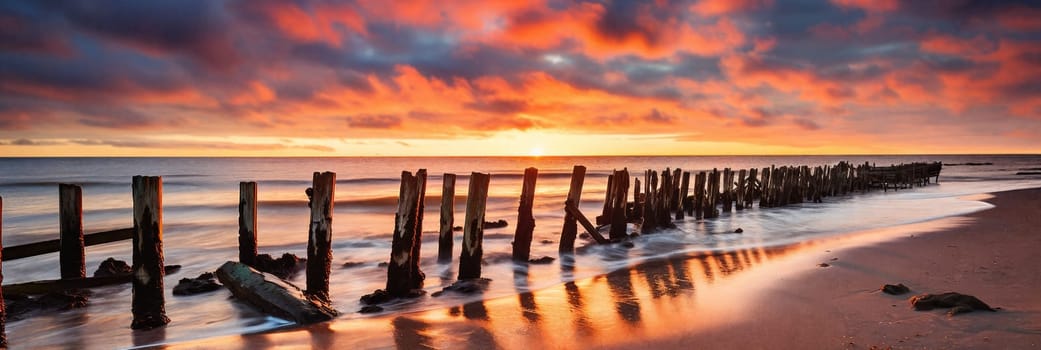 A tranquil scene of a broken wooden jetty stretching out into the golden sea, framed by a stunning sunset sky
