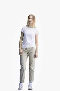 A woman, full-length, on a white background.