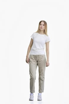 A woman, full-length, on a white background.