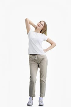A woman, full-length, on a white background, tired.