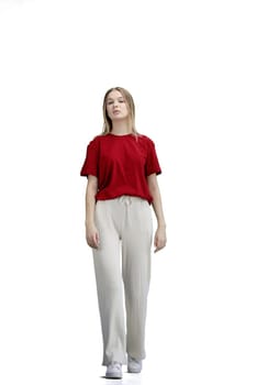 A woman, full-length, on a white background.
