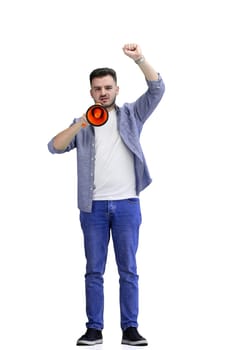 A man, full-length, on a white background, with a megaphone.