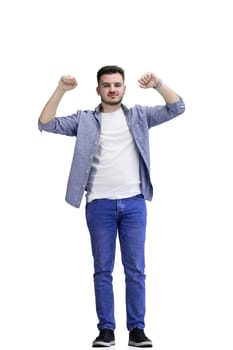 A man, full-length, on a white background, raised his hands up.