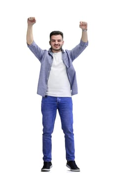 A man, full-length, on a white background, raised his hands up.
