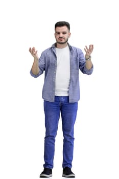 A man, full-length, on a white background, spreads his arms.