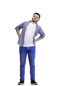 A man, full-length, on a white background, warming up.