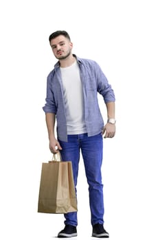 A man, full-length, on a white background, with bags.