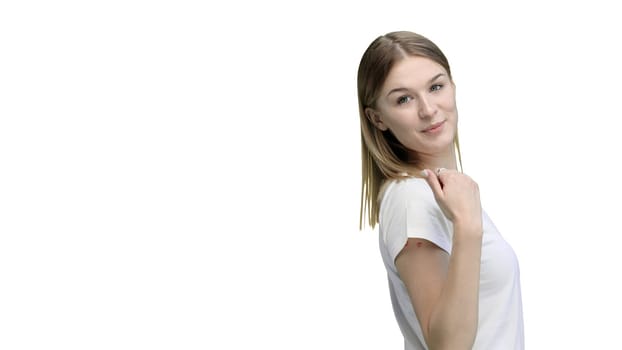 Woman, close-up, on a white background.