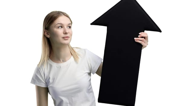 Woman, close-up, on a white background, pointing up arrow.