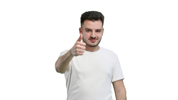 A man, close-up, on a white background, shows a thumbs up.