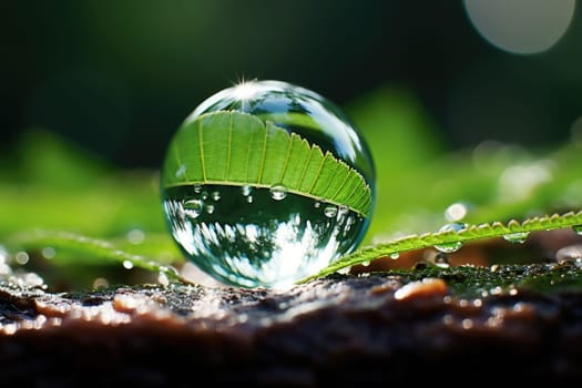 Natural background. Large beautiful drops of transparent rain water on a green leaf macro. AI Generated