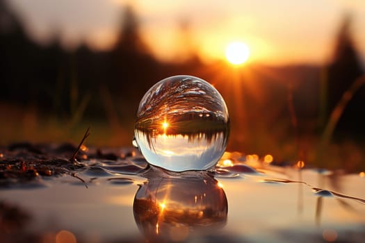 Natural background. Large beautiful drops of transparent rain water on a green leaf macro, sunset. AI Generated