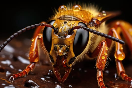 Full-face macro photography. Super macro portrait of a wasp on a black background. ai generated