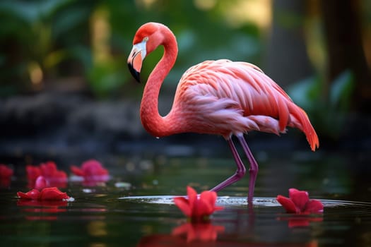 Beautiful flamingo walking in a pond. ai generated