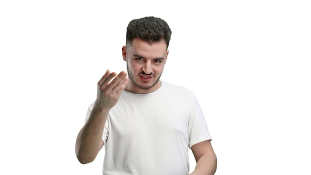 A man, close-up, on a white background, calls to him.