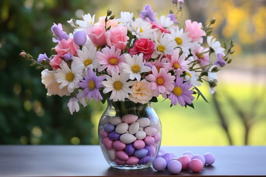 A bouquet of tulips, Easter bunnies and eggs. easter bouquet with flowers and eggs. ai generated