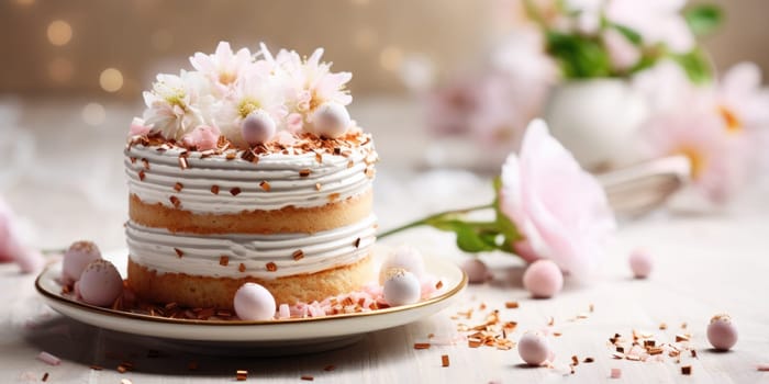 Delicious decorated Easter cake in rustic kitchen. ai generated