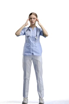 The doctor, in full height, on a white background, thinks.