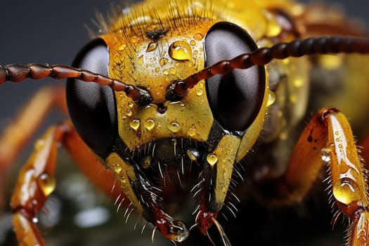Full-face macro photography. Super macro portrait of a wasp on a black background. ai generated