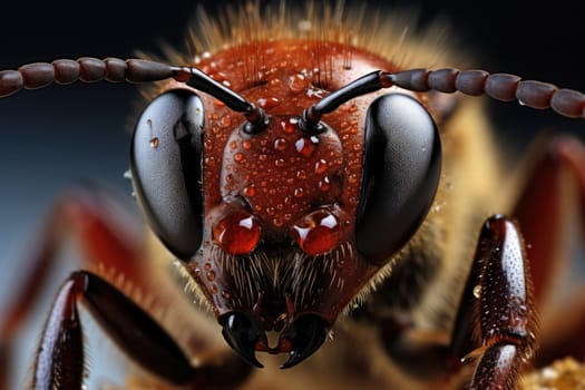 Full-face macro photography. Super macro portrait of a wasp on a black background. ai generated