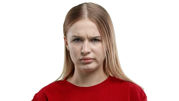 Woman's face, close-up, on a white background.