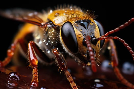 Full-face macro photography. Super macro portrait of a wasp on a black background. ai generated