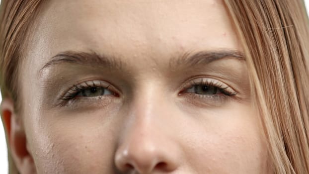 Woman's eyes, close-up, on a white background.