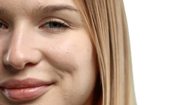 Woman's mouth, close-up, on a white background.