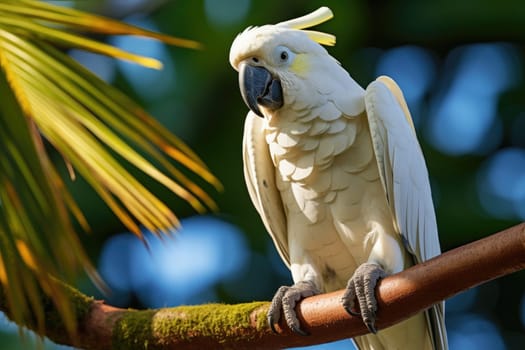 Close up of white parrot on tree branch. ai generated