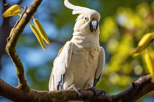 Close up of white parrot on tree branch. ai generated