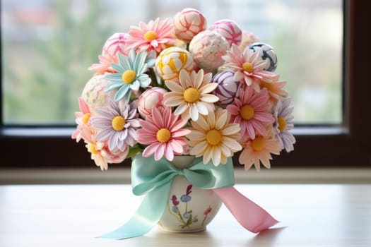 sweet food floral spring nature design for the holiday season. edible easter bouquet with ribbon, gift idea. ai generated