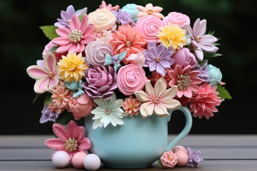 sweet food floral spring nature design for the holiday season. edible easter bouquet with ribbon, gift idea. ai generated