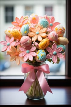 sweet food floral spring nature design for the holiday season. edible easter bouquet with ribbon, gift idea. ai generated