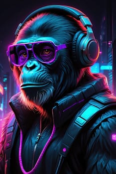 Gorilla with headphones and glasses on the background of the neon city. AI Generated.
