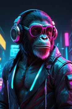 Portrait of a stylish gorilla wearing headphones and listening to audio. AI Generated.