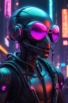 Cyborg male alien in futuristic space suit. Scifi robots background. 3D rendering. AI Generated.