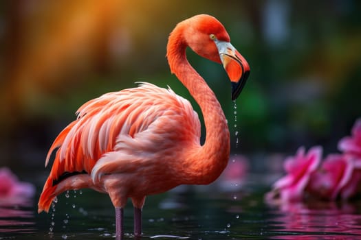 Beautiful flamingo walking in a pond. ai generated
