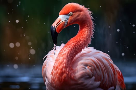 Beautiful flamingo walking in a pond. ai generated