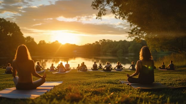 A serene yoga class at sunrise, participants in a tranquil outdoor setting, symbolizing peace and mindfulness. Resplendent.